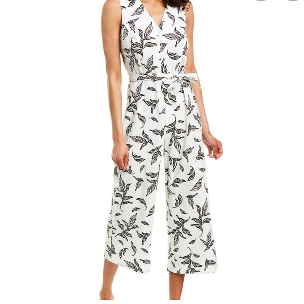 Tahari linen black white leaf crop jumpsuit with belt